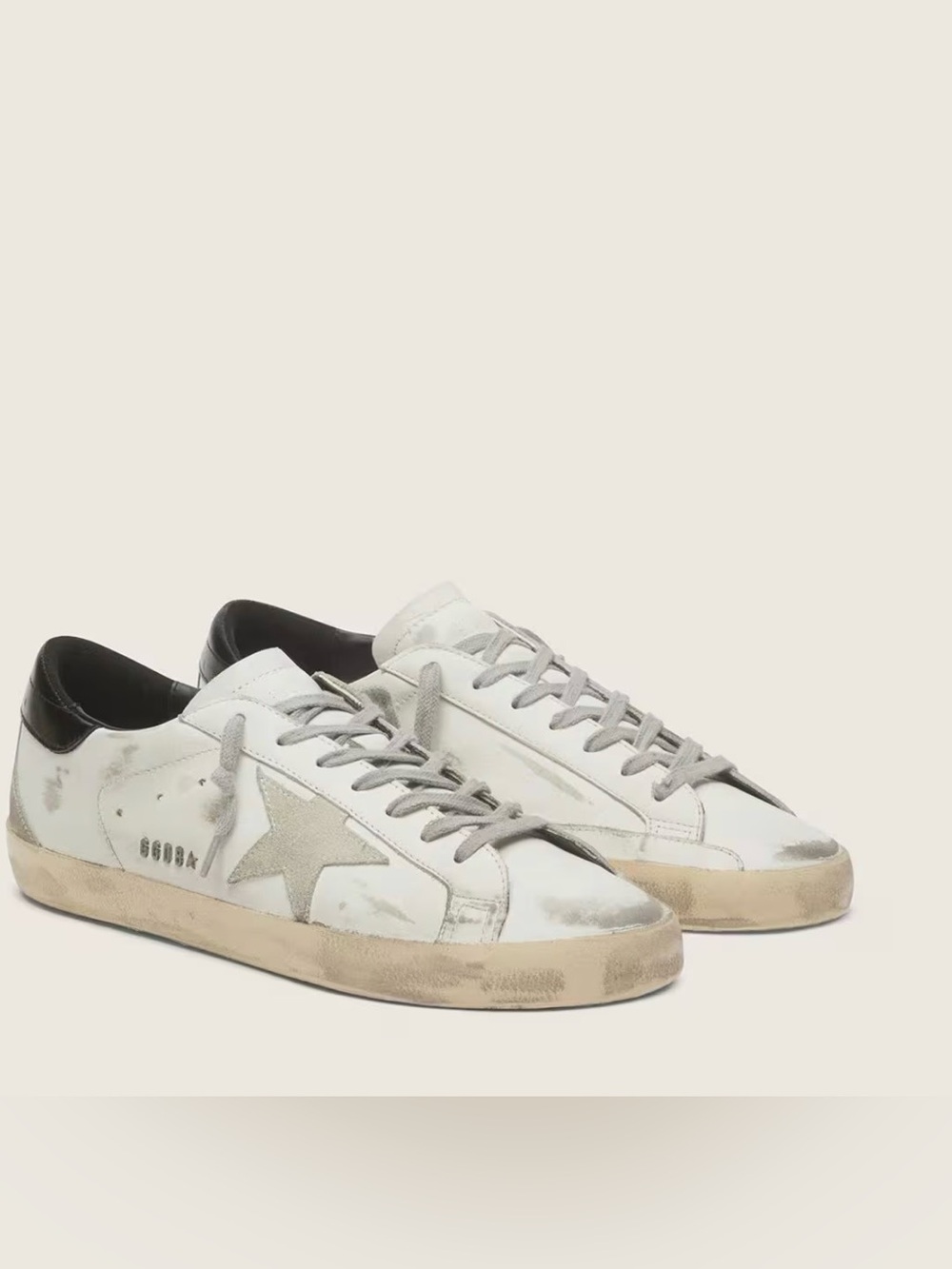 Golden Goose White Leather Sneakers with Black Heel and Gray Star Laces